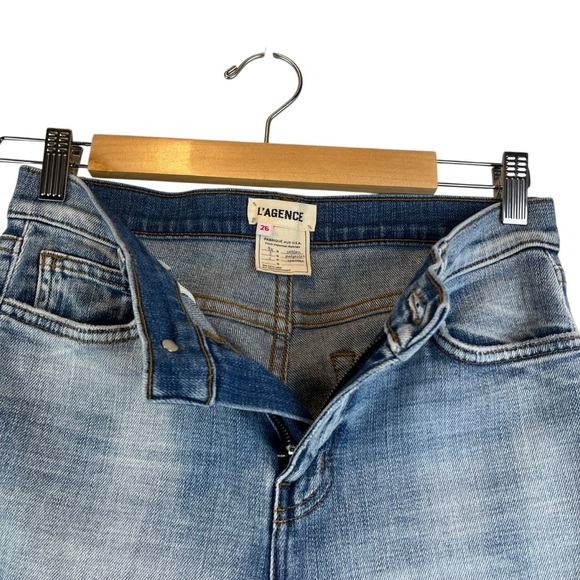 L'AGENCE Mid-Rise Skinny Jeans Distressed Light Wash Size 26 Raw Hem Blue Denim - Picture 9 of 13